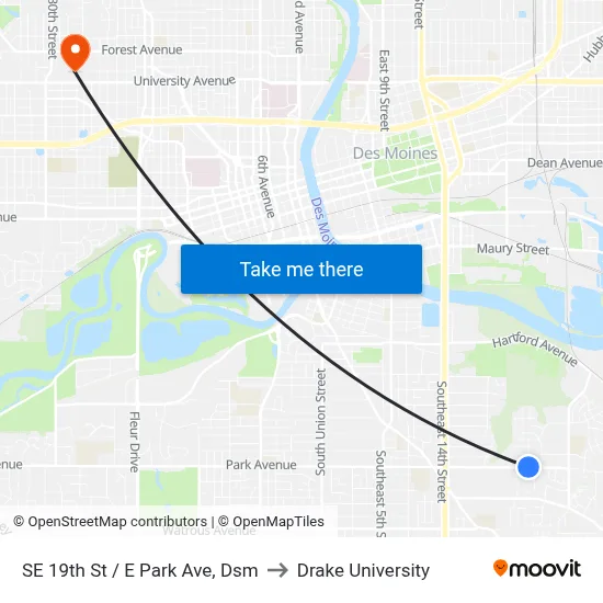 SE 19th St / E Park Ave, Dsm to Drake University map