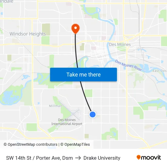 SW 14th St / Porter Ave, Dsm to Drake University map