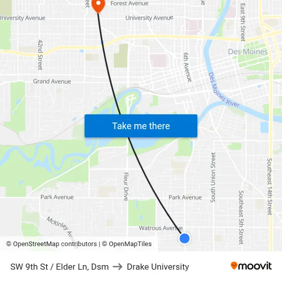 SW 9th St / Elder Ln, Dsm to Drake University map