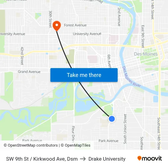 SW 9th St / Kirkwood Ave, Dsm to Drake University map