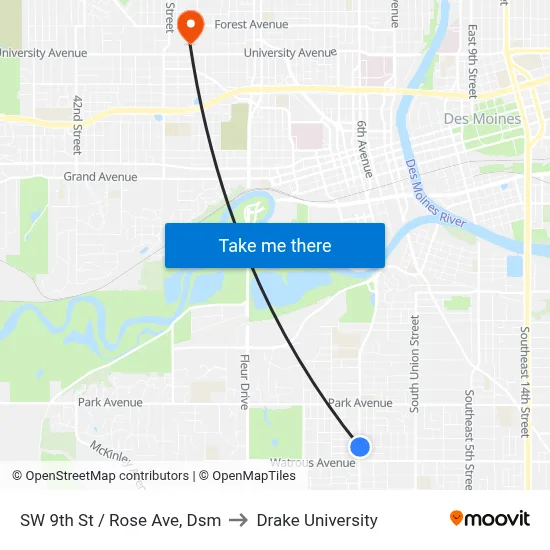 SW 9th St / Rose Ave, Dsm to Drake University map