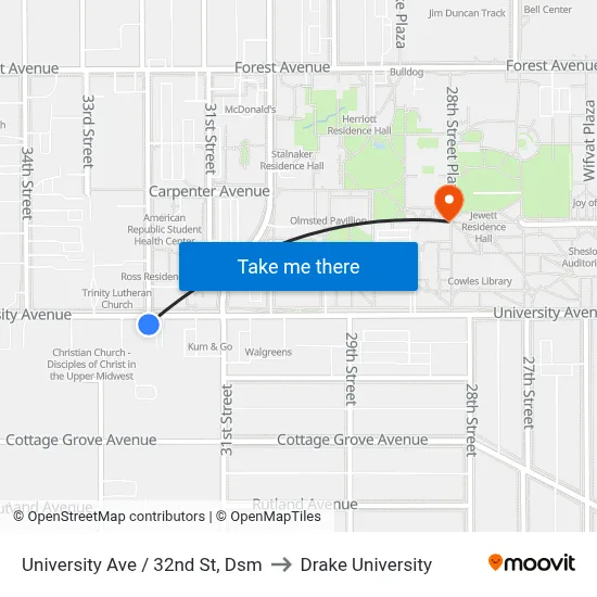 University Ave / 32nd St, Dsm to Drake University map
