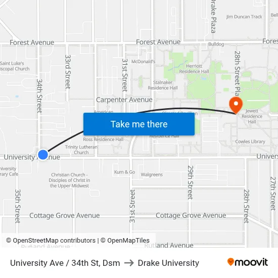 University Ave / 34th St, Dsm to Drake University map