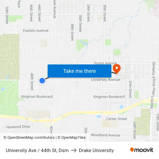 University Ave / 44th St, Dsm to Drake University map