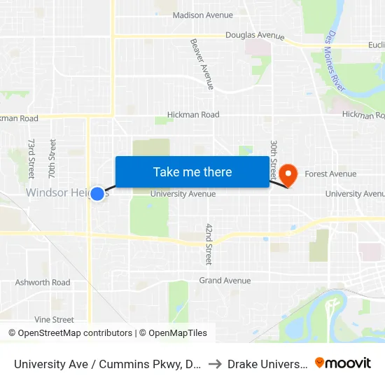University Ave / Cummins Pkwy, Dsm to Drake University map