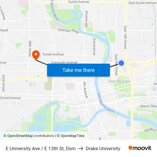 E University Ave / E 13th St, Dsm to Drake University map