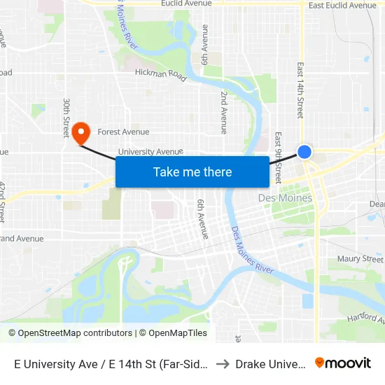 E University Ave / E 14th St (Far-Side), Dsm to Drake University map