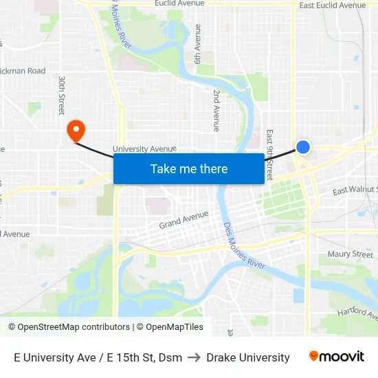E University Ave / E 15th St, Dsm to Drake University map