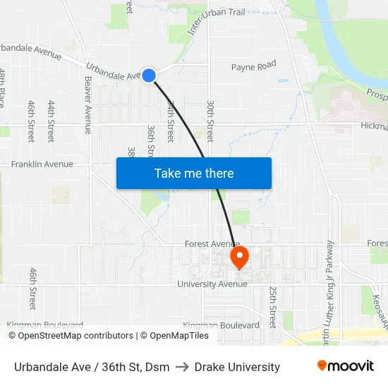 Urbandale Ave / 36th St, Dsm to Drake University map