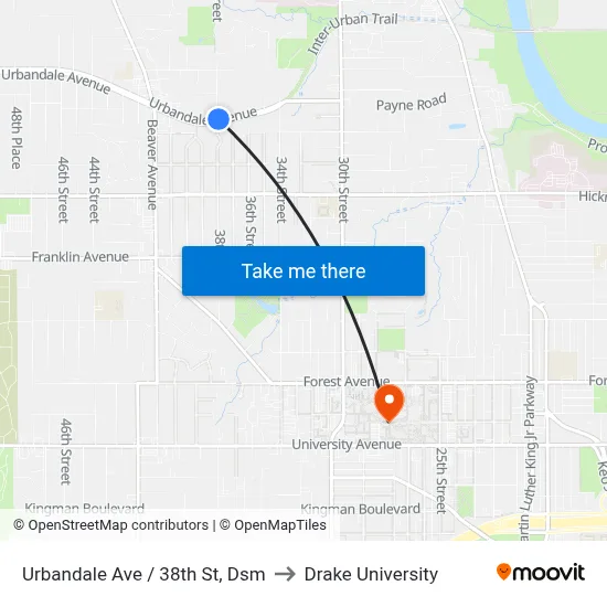 Urbandale Ave / 38th St, Dsm to Drake University map