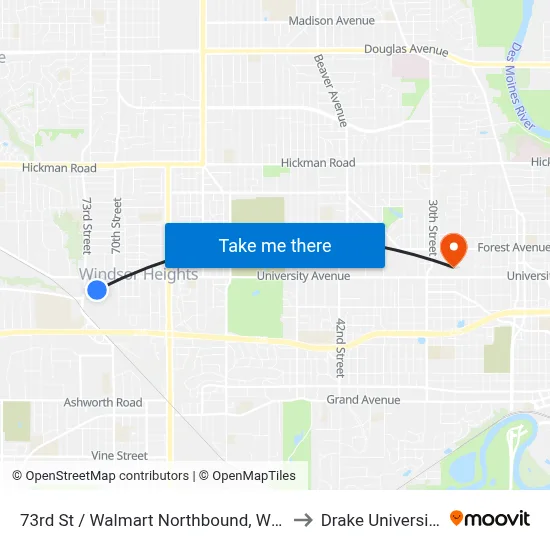73rd St / Walmart Northbound, Wht to Drake University map