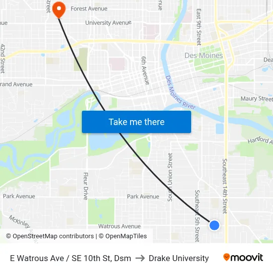 E Watrous Ave / SE 10th St, Dsm to Drake University map