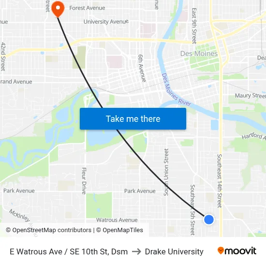 E Watrous Ave / SE 10th St, Dsm to Drake University map