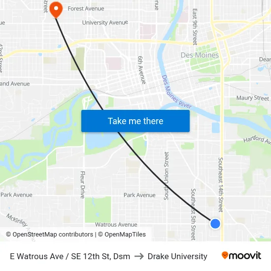 E Watrous Ave / SE 12th St, Dsm to Drake University map