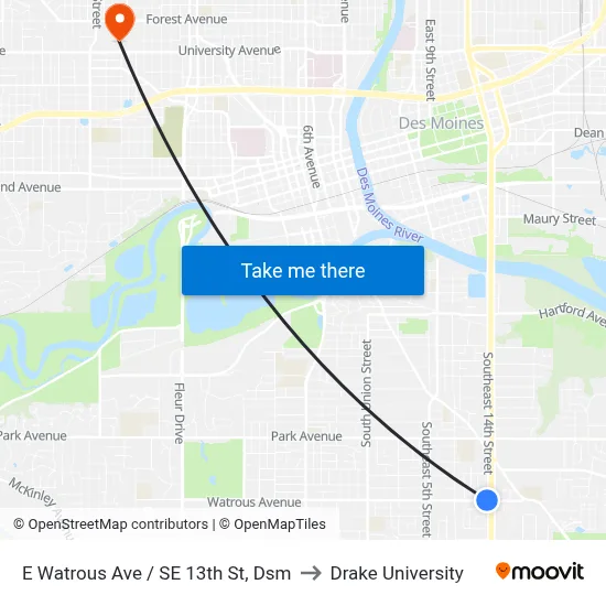 E Watrous Ave / SE 13th St, Dsm to Drake University map