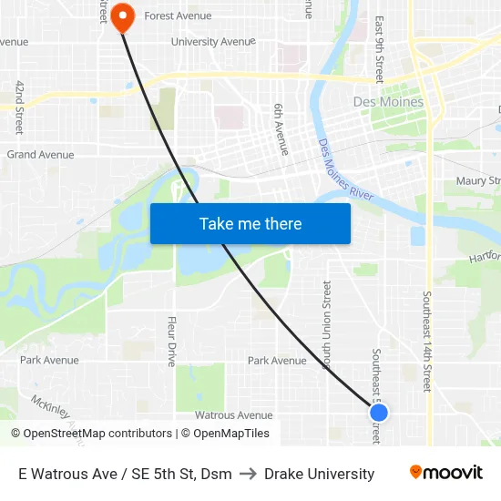E Watrous Ave / SE 5th St, Dsm to Drake University map