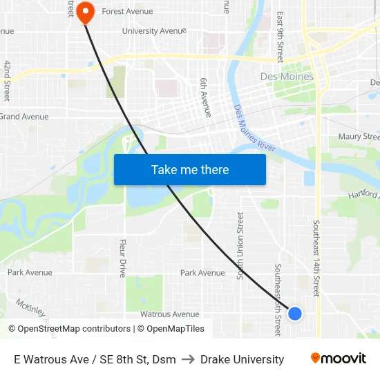 E Watrous Ave / SE 8th St, Dsm to Drake University map