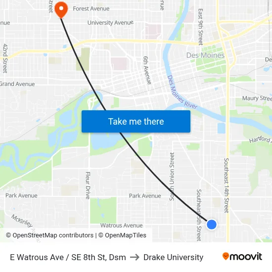 E Watrous Ave / SE 8th St, Dsm to Drake University map