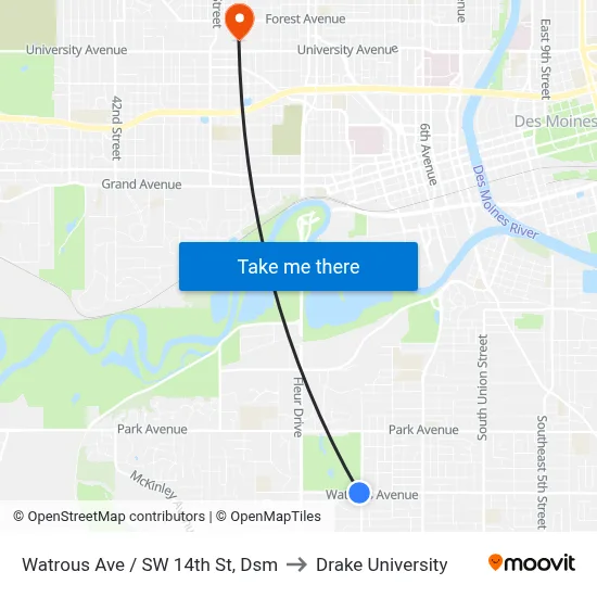Watrous Ave / SW 14th St, Dsm to Drake University map