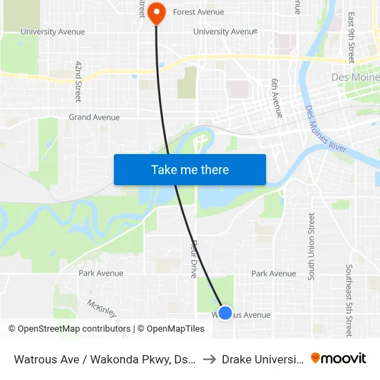 Watrous Ave / Wakonda Pkwy, Dsm to Drake University map
