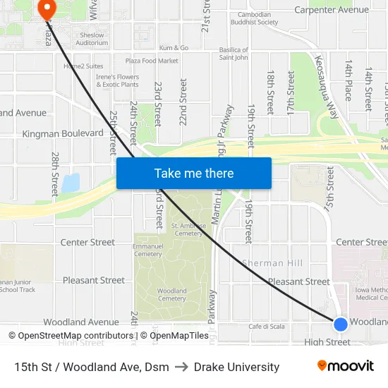 15th St / Woodland Ave, Dsm to Drake University map