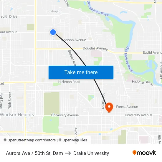 Aurora Ave / 50th St, Dsm to Drake University map