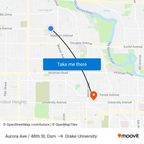 Aurora Ave / 48th St, Dsm to Drake University map