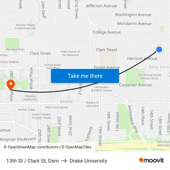 13th St / Clark St, Dsm to Drake University map