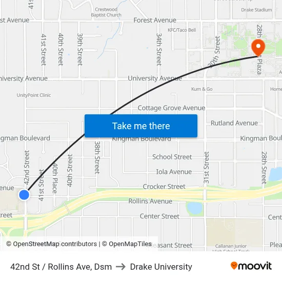 42nd St / Rollins Ave, Dsm to Drake University map