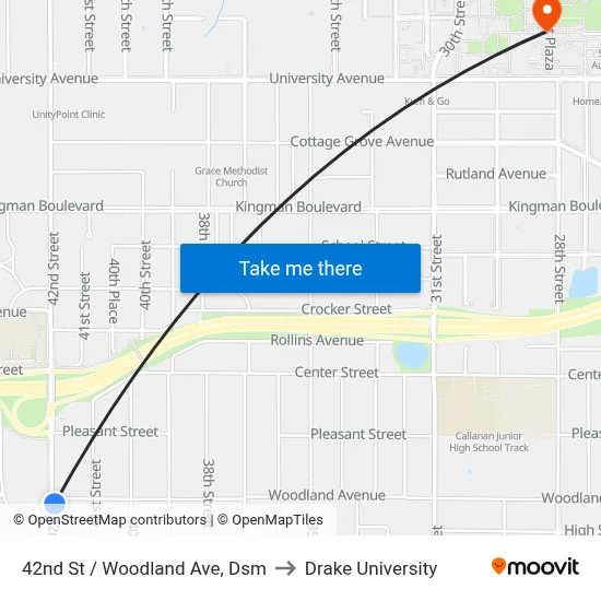 42nd St / Woodland Ave, Dsm to Drake University map