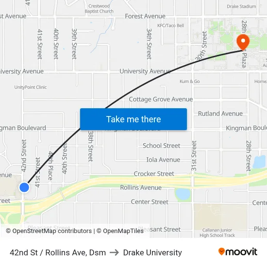 42nd St / Rollins Ave, Dsm to Drake University map
