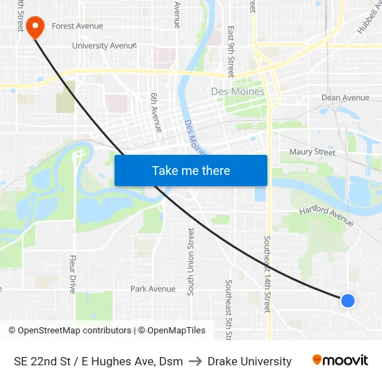 SE 22nd St / E Hughes Ave, Dsm to Drake University map