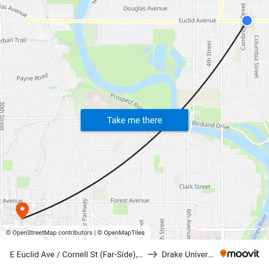 E Euclid Ave / Cornell St (Far-Side), Dsm to Drake University map