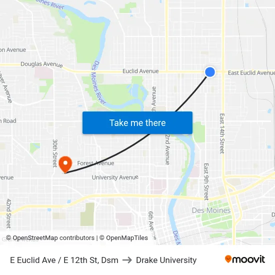 E Euclid Ave / E 12th St, Dsm to Drake University map