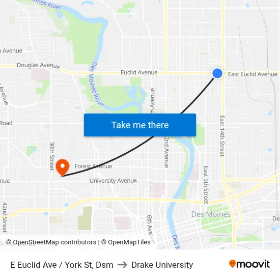 E Euclid Ave / York St, Dsm to Drake University map