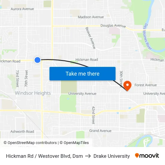 Hickman Rd / Westover Blvd, Dsm to Drake University map