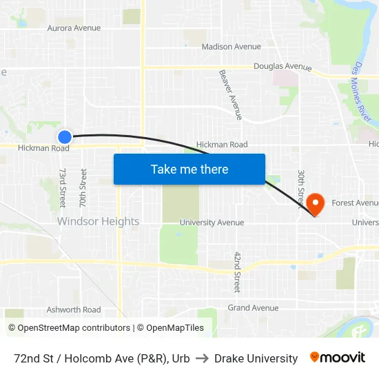 72nd St / Holcomb Ave (P&R), Urb to Drake University map