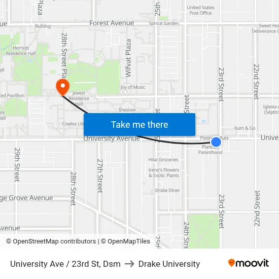 University Ave / 23rd St, Dsm to Drake University map