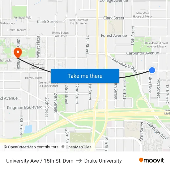 University Ave / 15th St, Dsm to Drake University map