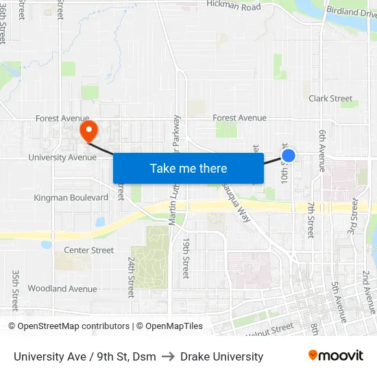 University Ave / 9th St, Dsm to Drake University map