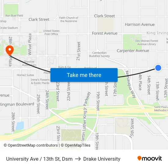 University Ave / 13th St, Dsm to Drake University map