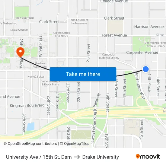 University Ave / 15th St, Dsm to Drake University map