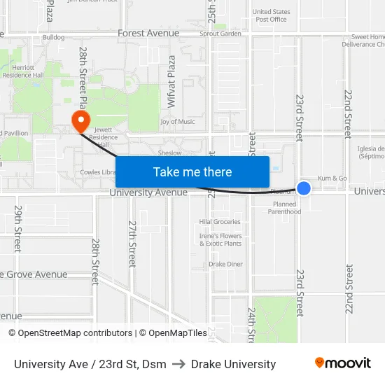 University Ave / 23rd St, Dsm to Drake University map