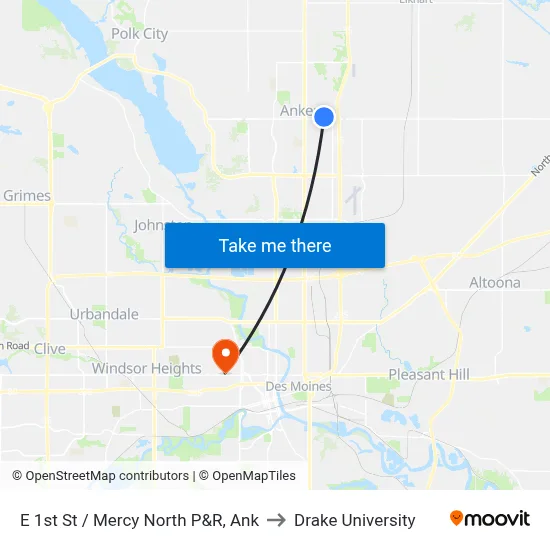 E 1st St / Mercy North P&R, Ank to Drake University map