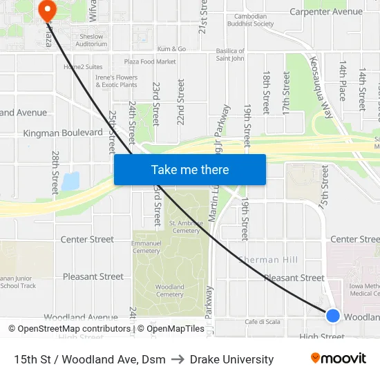 15th St / Woodland Ave, Dsm to Drake University map
