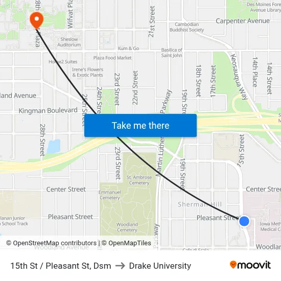 15th St / Pleasant St, Dsm to Drake University map