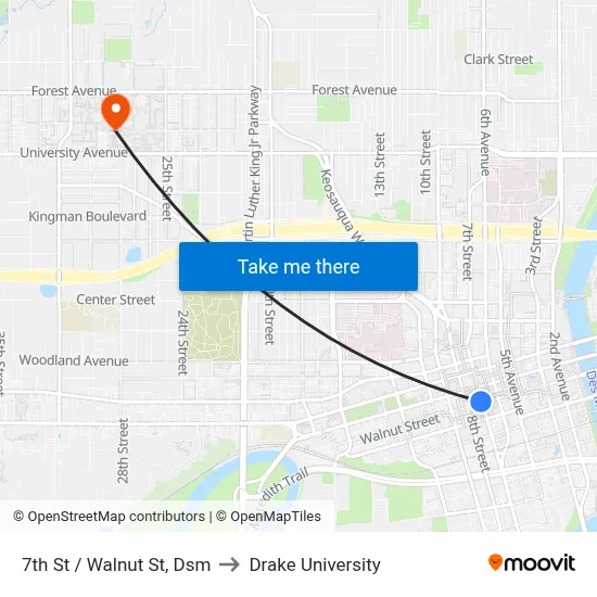 7th St / Walnut St, Dsm to Drake University map