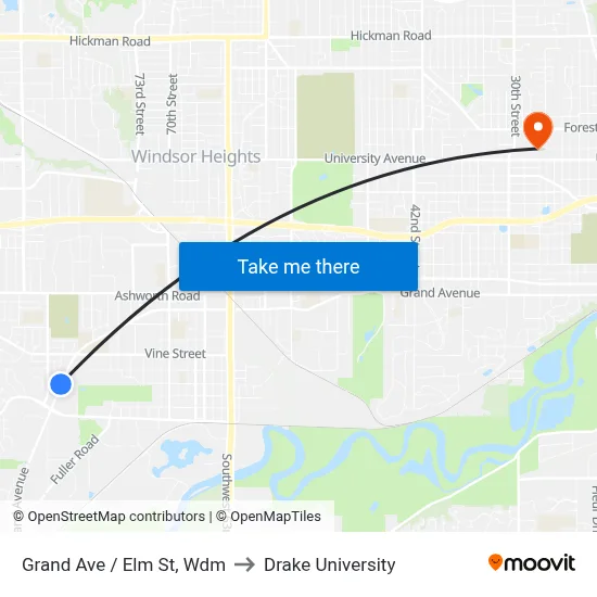 Grand Ave / Elm St, Wdm to Drake University map