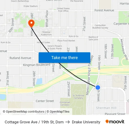 Cottage Grove Ave / 19th St, Dsm to Drake University map