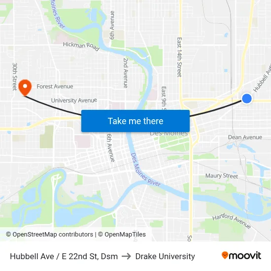 Hubbell Ave / E 22nd St, Dsm to Drake University map